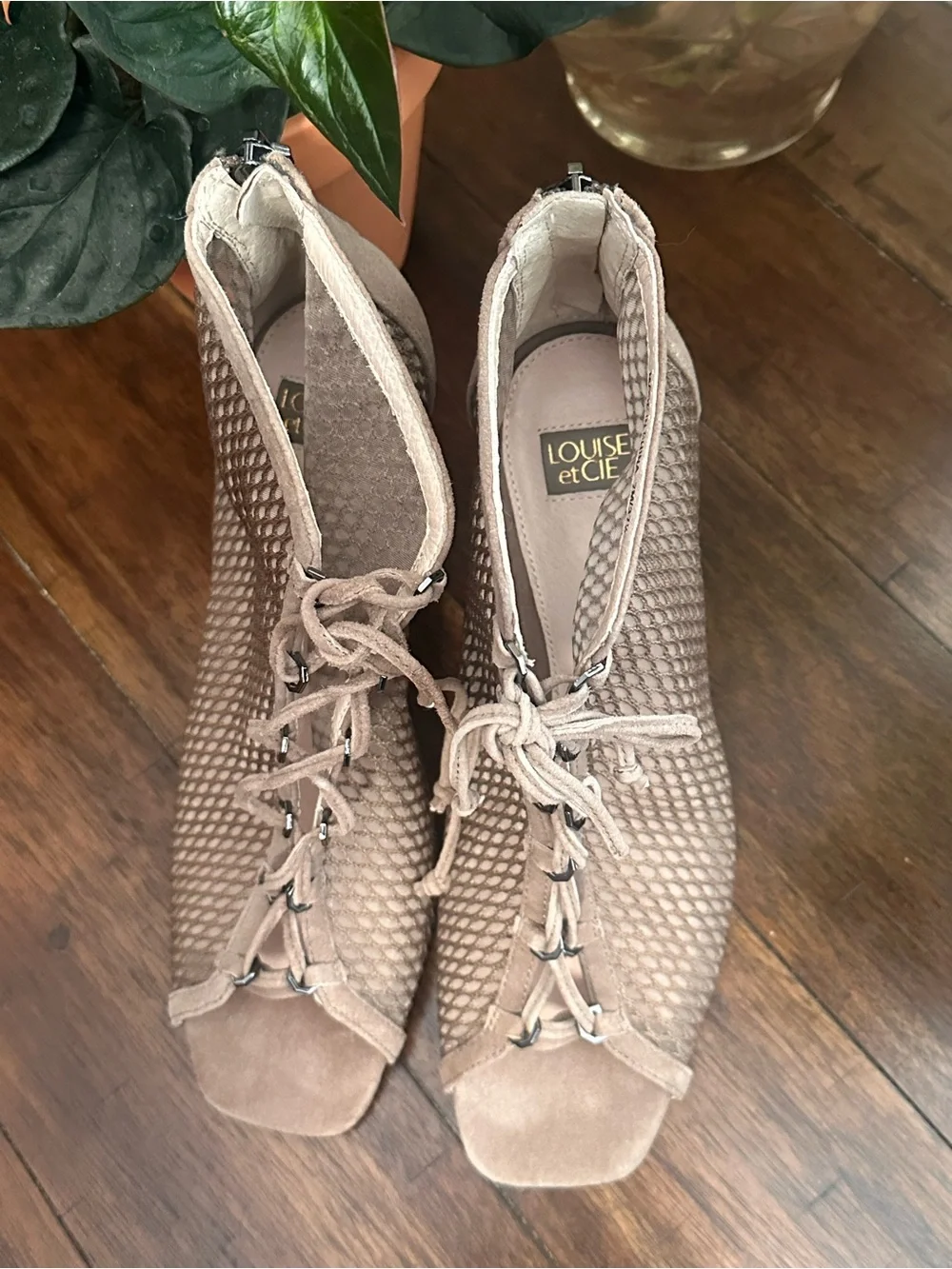 Louise et Cie Taupe Lace-Up Peep Toe Ankle Booties